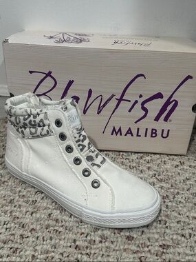 Blowfish Malibu Women's White High-Top Slip-On Sneaker with Leopard Trim